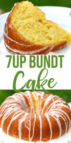 two different types of bundt cakes on plates with the words zup cake above them