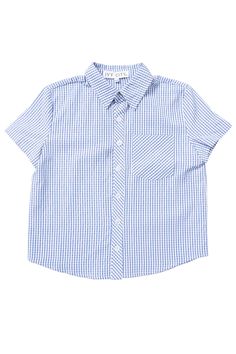 Meet the Boy's James Shirt in Blue Gingham - the epitome of classic charm with a patriotic twist! Crafted from crisp blue & white gingham print cotton blend fabric, this shirt is a timeless addition to any little gentleman's wardrobe. The collar neckline adds a touch of sophistication, while the fitted sleeves ensure a sleek silhouette. With its button-up style, the James Shirt will be the perfect choice for your Fourth of July celebrations. Available in sizes 12-18 months - 13-14!! gingham Light Blue Shirt With Placket For Spring, Relaxed Fit Gingham Collared Shirt, Gingham Relaxed Fit Collared Shirt, Classic Plaid Cotton Short Sleeve Shirt, Classic Cotton Short Sleeve Plaid Shirt, Relaxed Fit Gingham Button-up Shirt, Classic Plaid Short Sleeve Shirt For Summer, Blue Short Sleeve Shirt With Placket For Summer, Preppy Plaid Cotton Top