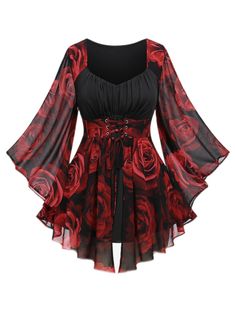 PRICES MAY VARY. Featurel--Gothic style, flare sleeves,sweetheart neck, Chiffon, floral rose, colorblock, ruched, bell sleeves, long sleeves, tunic top Matching--This romantic gothic top can be worn not only with jeans, flares, shorts, and skirts. as everyday fashionable wear but streetwear. also, matching with gothic accessories, gothic makeup and boots, etc is a perfect sun and moon mystical top, whether it's a witch dress up or a mystical gothic party dress up. Occasions--This long sleeves te Bat Sleeve Top, Goth Costume, Floral Silhouette, Bold Dresses, Art Clothing, Nice Outfits, Bat Sleeve, Fashion Plus Size, American Fashion