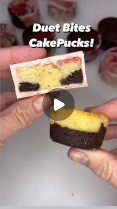 someone holding a piece of cake in their hand with the words, duet bites cake picks