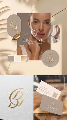 the logo and business card design for g b cling is shown in three different colors