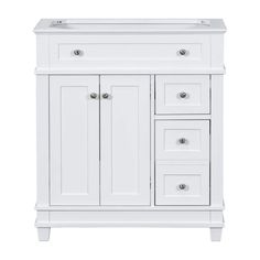 a white bathroom vanity with two drawers and one door on the side, against a white background