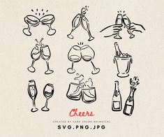 a bunch of wine glasses and bottles on a white background with the words cheers written in red