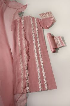 Elegant Pink Lace Work Sets, Pink Raw Silk Set With Dupatta, Elegant Pink Lawn Suit With Chikankari Embroidery, Unstitched Organza Anarkali Set With Pearl Embroidery, Eid Pearl Embroidered Raw Silk Anarkali Set, Elegant Anarkali Set With Lace Work For Party, Elegant Lace Work Anarkali Set For Party, Party Organza Anarkali Set With Lace Work, Pink Raw Silk Dress With Dupatta