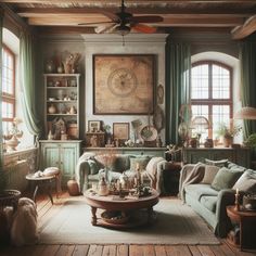 a living room filled with lots of furniture and decor on top of wooden flooring