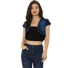 Casual summer shrugs that you need in your wardrobe! This cropped denim shrug looks cool and trendy on any occasion. This wardrobe-essential denim bolero shrug is designed with cropped fitted silhouette which is suitable for clubs, parties, gatherings, and so on. Paired perfectly with a crop camisole and skinny jeans for a fashionable and chic look. Comfortable denim fabric to carry around, your wardrobe must have a summer piece like this. Trendy Cropped Shrug For Spring, Trendy Cropped Spring Shrug, Fitted Trendy Shrug For Summer, Trendy Fitted Shrug For Summer, Trendy Fitted Summer Shrug, Fitted Denim Blue Denim Jacket For Summer, Summer Cropped Denim Blue Jacket, Cropped Denim Blue Jacket For Summer, Cropped Denim Blue Denim Jacket For Summer