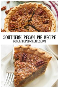 two different views of a pie with pecans on top