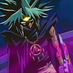 an anime character with blue hair and yellow eyes holding a chain around his neck, in front of a purple background