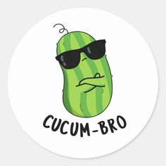 a round sticker with an image of a cucum - broo wearing sunglasses