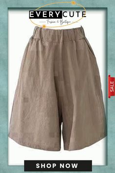 Women's Solid Color Simple Loose Casual Shorts Non-stretch Wide Leg Shorts With Pockets, Baggy Knee-length Summer Pants, Brown Knee-length Bottoms For Summer, Brown Knee-length Summer Bottoms, High-waist Baggy Shorts For Spring, Solid Color Cotton Knee-length Shorts, Khaki Wide Leg Shorts For Spring, Khaki Wide-leg Shorts For Spring, Non-stretch Wide Leg Summer Shorts