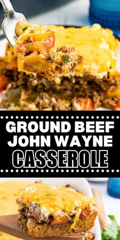 Collage of cheesy John Wayne beef casserole at top and bottom. Easy John Wayne Casserole, Cowboy Recipes, Easy Casserole Recipe, Beef And Veggies, Biscuit Crust, Cowboy Casserole, Smoked Fish