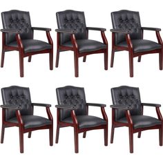 six black leather chairs with wooden arms and legs, set of four in dark wood finish