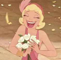 a cartoon character holding flowers in her hands