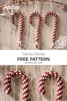 candy canes are hanging from a rope on a wooden surface with text overlay