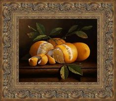 an oil painting of oranges with leaves on a wooden table in a gold frame