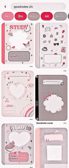 several different types of paper and stickers on a white sheet with pink trims