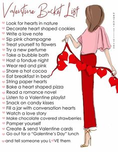 a valentine's day poem with a woman in pink shirt and red pants holding heart shaped