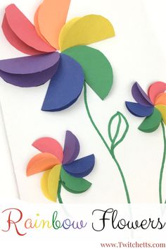 colorful paper flowers with the words rainbow flowers written below them on a white card that says diydecorations2019f