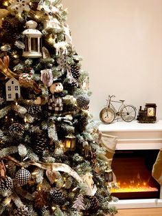 a decorated christmas tree in front of a fire place with ornaments on the top and bottom