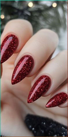 New Years Nails Red Glitter, Christmas Red Nails Acrylic, Christmas Nail Ideas Holiday Simple, Red And Glitter Nails, Red Glitter Nail Designs, Christmas Nails Red Glitter, Red Holiday Nail Designs, Christmas Nail Designs Red, Glitter Nails Red