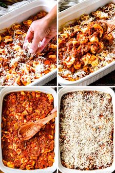 four images showing how to make pasta in a casserole dish with cheese and sauce