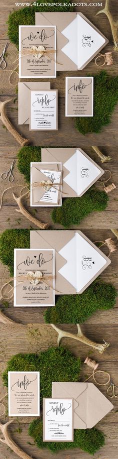 the wedding stationery is laid out on top of moss