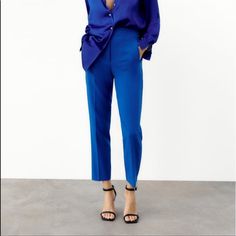 Zara Blogger Tapered Waist Royal Blue Pants Summer Office Straight Leg Pants, Casual Blue Pants For Office, Casual Blue Pants For The Office, Blue Pants With Welt Pockets For Summer, Tailored Blue Pants For Office Wear, Tailored Pants For Summer Office Wear, Spring Straight Pantsuit For Office, Elegant Blue Bottoms For Workwear, Elegant Blue Pants For Office Wear