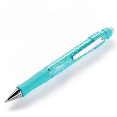 a pen that is sitting on top of a white surface with a light blue body