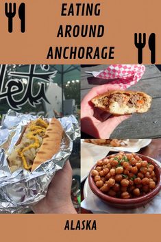 an advertisement for a restaurant called eating around anchorage with pictures of food and utensils