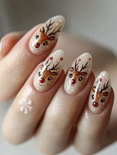 Gel Nails Christmas 2024, Christmas Nail Designs Gingerbread Man, Rudolph Nails Acrylic, Classic Christmas Nail Designs, Nontraditional Christmas Nails, Cute Holiday Nail Designs, Subtle Christmas Nail Designs, Present Nail Designs, Fun Christmas Nail Art