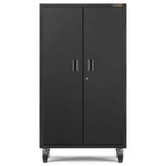 a black cabinet with two doors and wheels