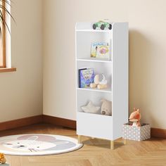 a white book shelf with stuffed animals in it