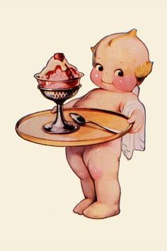 an old fashioned baby holding a plate with ice cream on it's side and looking at the bowl