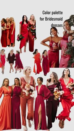 the bridesmaid dresses are all different colors and styles, but one color is red