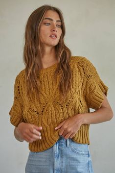 Knit Sweater Crochet Round Neck Short Sleeve Top - By Together - Terra Cotta Gorge Co. Preppy Tops, Crochet Short, Sweater Crochet, Trendy Top, Crochet Round, Trendy Boho, Sweater Material, Short Sleeved Sweaters, Winter Season