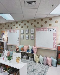 a classroom with lots of books and stuffed animals