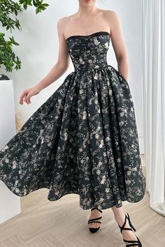 MissJophiel Corset Strapless Floral Print Satin Midi Dress Wedding Guest Fall, Corset Gown, Floral Corset, Garden Party Dress, Groom Dresses, Bride Groom Dress, Feminine Silhouette, Black Gown, Satin Midi Dress