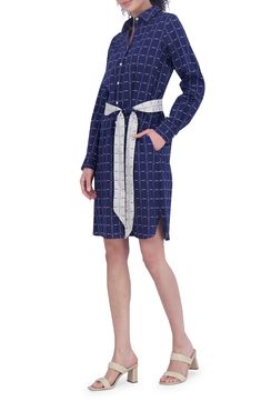 A dotted windowpane check elevates a long-sleeve shirtdress fashioned with convenient pockets and a waist-cinching tie belt. 39" length (size Small) Front button closure Spread collar Long sleeves with button cuffs Side-seam pockets Removable tie belt 100% cotton Machine wash, tumble dry Imported Belted Long Sleeve Dress For Work, Belted Long Sleeve Dress With Tie Waist For Work, Long Sleeve Belted Dress With Tie Waist For Work, Long Sleeve Shirt Dress With Tie Waist For Office, Long Sleeve Shirt Dress With Tie Fastening For Work, Fall Office Shirt Dress With Tie Waist, Collared Belted Dress With Tie Waist For Daywear, Daywear Shirt Dress With Tie Waist And Spread Collar, Belted Long Sleeve Shirt Dress For Business