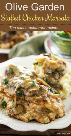 the cover of olive garden's stuffed chicken marsala is shown on a plate