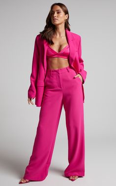 Bonnie Tailored Wide Leg Pants in Pink | Showpo USA Stylish Inspiration, Spring Fashion Chic, Mid Waist Pants, High Waist Trousers, Ladies Blazer, Two Piece Pants Set, Blazer Set, Rose Rouge, Spring Women