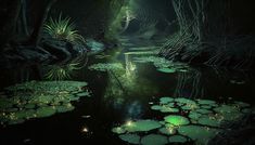 a pond with lily pads and lights in the water