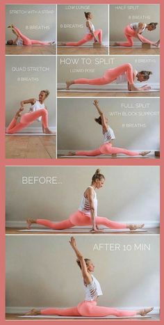 a woman doing yoga poses with her hands in the air