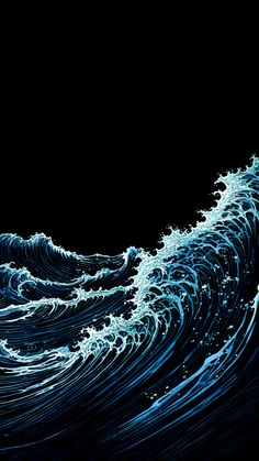 an abstract painting of blue waves in the ocean on a black background with space for text