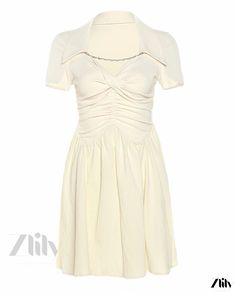 Zlily - Solid Color Slim-Fit High-Waisted Fashionable Turn-Down Collar Short-Sleeved Pleated Dress Casual Fitted Dress With Natural Waistline, Skirt Skirt, Short Skirt, Types Of Skirts, Collar Dress, Lapel Collar, Color Combination, Pleated Dress, Single Piece