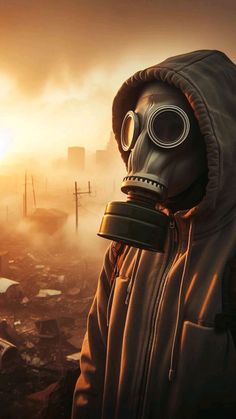 a man wearing a gas mask standing in the middle of a destroyed city at sunset