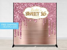 a pink and gold backdrop with the words sparkle sweet 16 on it, in front of a