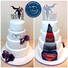 two wedding cakes with superman and wonder woman decorations