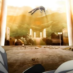 an animated image of a person falling from the sky in front of some buildings and trees