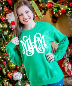 Our Full Monogrammed Sweatshirts are a best seller! The multiple customization options set this sweatshirt apart from others. This unisex sweatshirt is designed to fit your personal style. Pair with your favorite monogrammed leggings for a comfy casual look. Head out in style this winter in this preppy monogrammed sweatshirt! No wardrobe is complete without a personalized sweatshirt or two!
Born To Be Sassy is your one stop shop for all monogrammed apparel and gifts! Our wide selection of monogr Christmas Monogram Shirt, Monogram Sweatshirt, Monogram T Shirts, Christmas Monogram, Christmas Tees, Christmas Season, Comfy Casual, Christmas Shirt, Tee Design