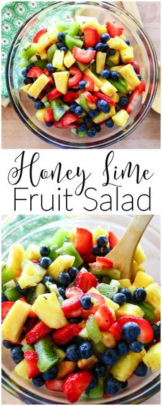 a bowl full of colorful fruit salad on top of a wooden table with the words honey lime colorful fruit salad